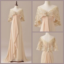 Retro Champagne Evening Dresses with Lace Cape Formal V Neck Chiffon Prom Gowns