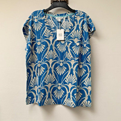 White Stuff 100% Leinen Strick Iris Tee T-Shirt 10 blau Muster V-Ausschnitt UVP 45£