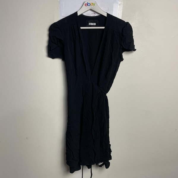 Reformation Dress Womens S Black Wrap Midi Short Puff Sleeve Belted Viscose USA