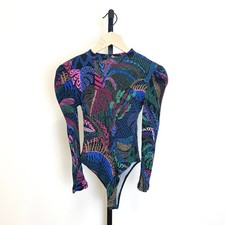 FARM RIO Amazonia Night Ribbed Knit Cotton Bodysuit XS Long Sleeve Crewneck Top