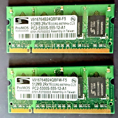 2x 512MB DDR2 SO-DIMM Notebook RAM PC2-5300S 667MHz CL5 ProMOS