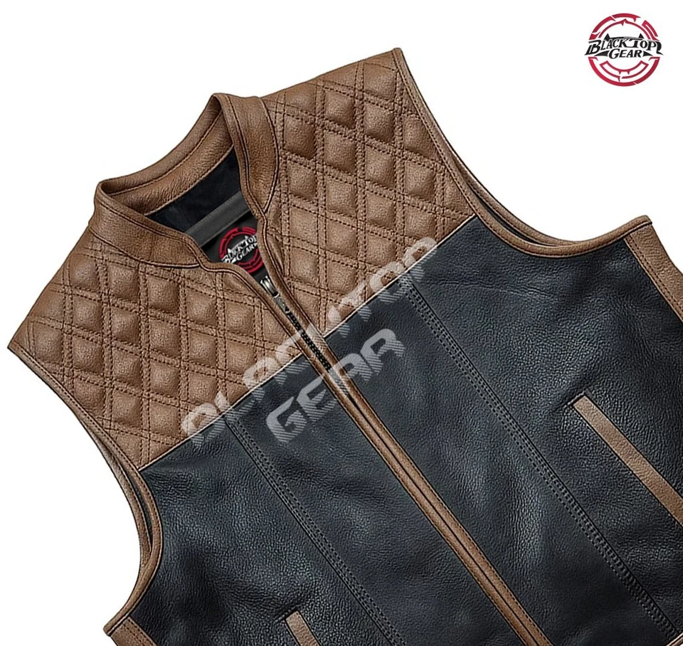 Мужская бриллиант выстеганный мотоцикла кожаный жилет черный коричневый мотоциклиста клуб стиль талии - Изображение 3 из 4