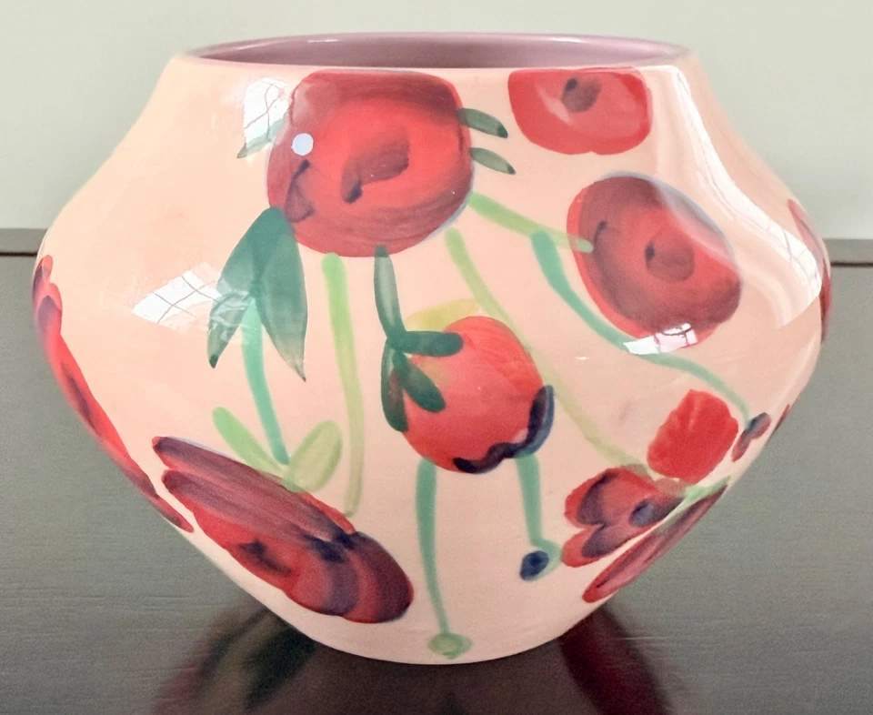 Vaso de grés Anthropologie Lizzie rosa vermelho floral pintado à mão cerâmica 4,5” - Imagem 3 de 4
