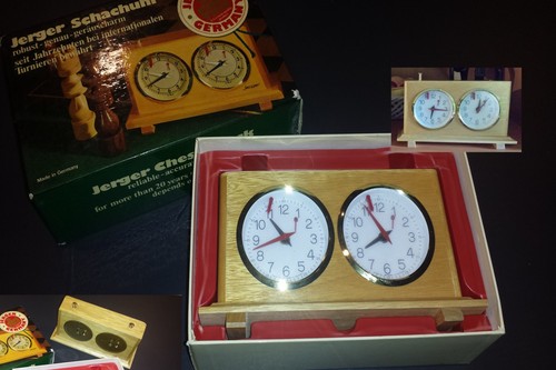 Rare Jerger Schachuhr Chess Clock Tournament Timer Wood, Germany w Box