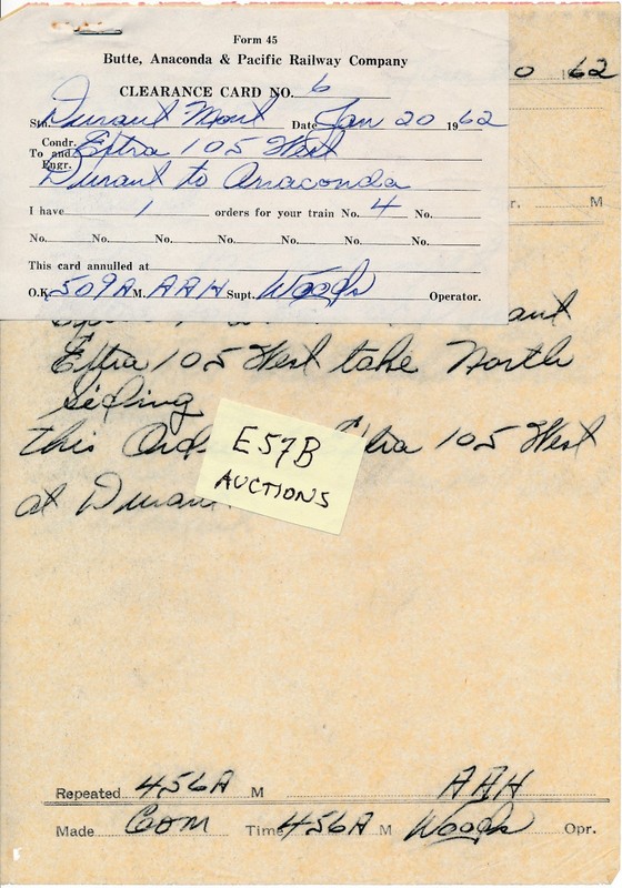 A single train order set- Butte, Anaconda & Pacific Railway from Durant, MT.