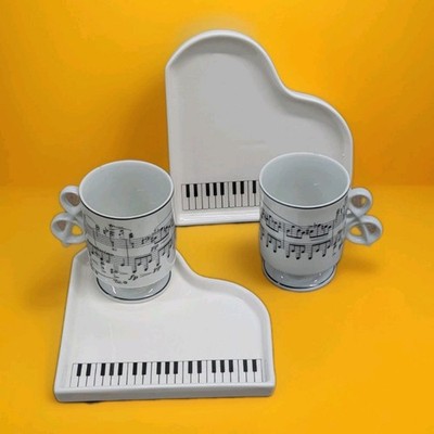 Two Vintage 1980 Shafford Original Ceramic Grand Piano 7in Plates & Coffee Mugs