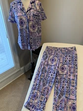 joyspun pajamas set large l purple button up short sleeve pockets poly knit