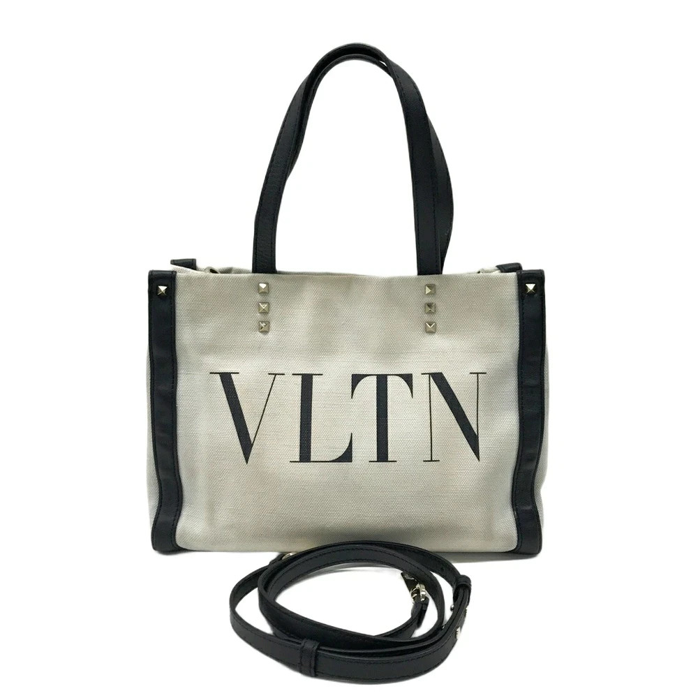 VALENTINO GARAVANI 2WAY Shoulder Tote Bag Canvas White with Shoulder Strap Used