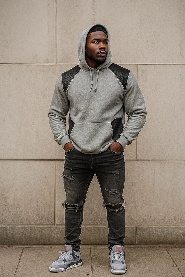 *TRUE ROCK* (GREY-BLACK P.U.) PULLOVER HOODIE (FRONT VERTICAL ZIPS) - Image 2 of 4