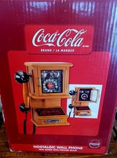 Coca Cola 2003 Nostalgic Landline Phone Solid Oak Etched Glass, box,  manual