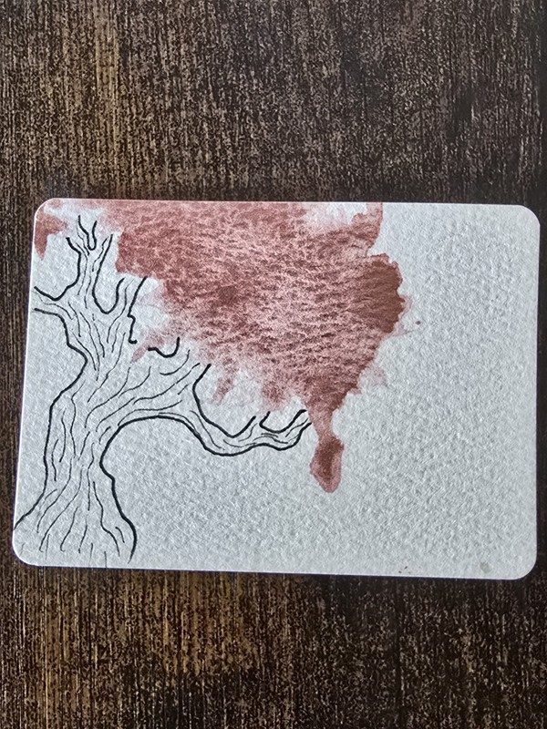 ACEO Original Art by SY Tree Rosy Red Leaves Fantasy Whimsical Series Glitter 