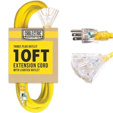 10 ft Heavy Duty Extension Cord with 3 Outlets, SJTW 10/3 Outdoor Extension C...