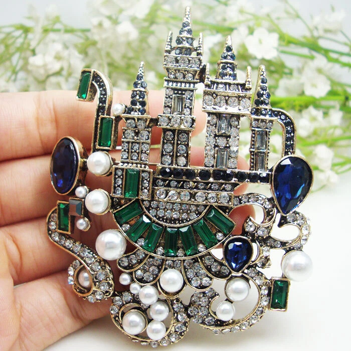 Broche broche colgante palacio castillo azul vintage para mujer cristal estrás regalos Foto 2 de 4