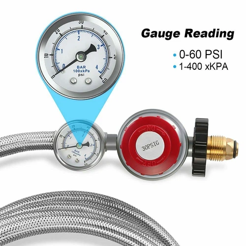 Indicador de manguera regulador de gas propano ajustable de alta presión de 12 pies de acero inoxidable EE. UU. - Imagen 4 de 9