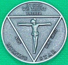 Moneda de la suerte espiritual "Morning Star" con símbolos mágicos de Jesús y Baphomet NUEVO