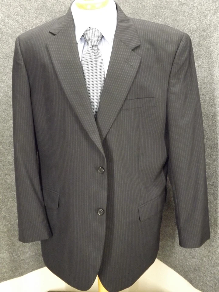 Jos. A. Bank Suit 48L Black Chalk Stripe Wool 44x30.5 Pleated Pants 2 Buttn - Image 2 of 4