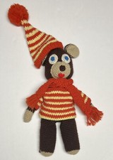 Handmade Amigurumi Crochet Brown Bear Big Eyes w Yellow Orange Sweater Scarf Hat