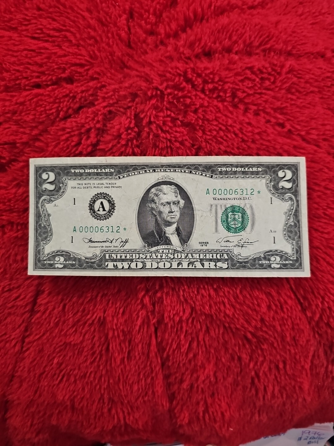 Rare 1976 $2 Dollar Bill With Star And Very Low Serial Number A0006312