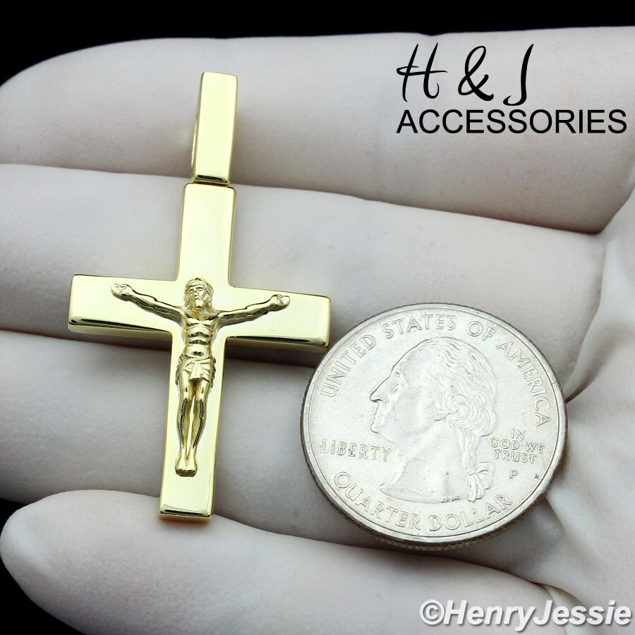 925 STERLING SILVER SIMPLE PLAIN GOLD PLATED JESUS CROSS CRUCIFIX