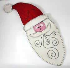 Primitive Folk Art Felt Applique Santa Face Wall Hanging Back Pocket Stocking