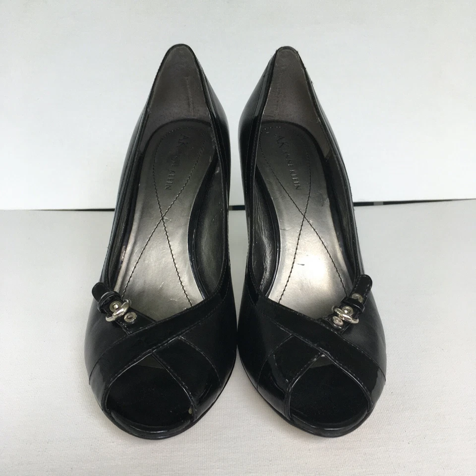Zapatos de tacón Anne Klein talla 7,5 M Torie cuero punta abierta hebilla negros Foto 4 de 4