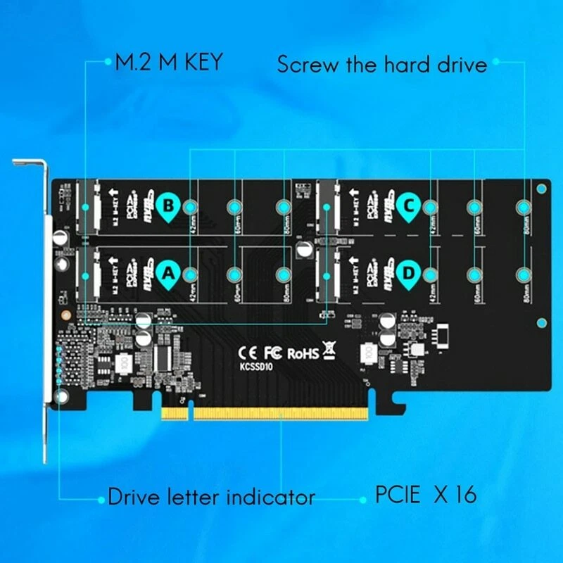 PCIE X16 Adapter Card M.2 NVMe Protocol 4 port MKEY SSD Adapter Card - Image 4 of 4