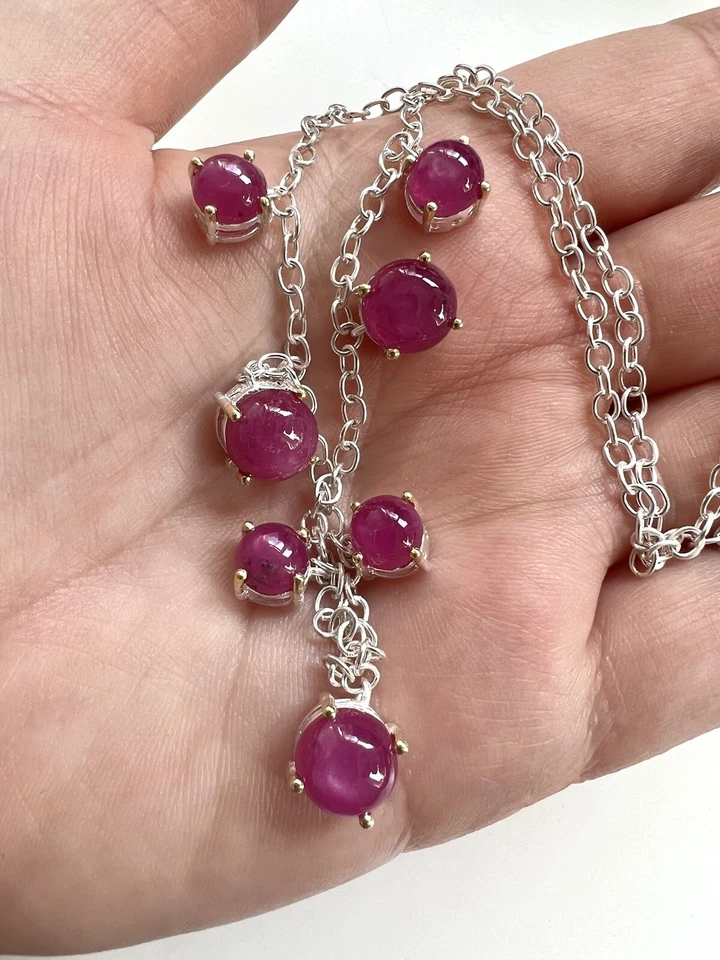 Colar Berloque Cabochão Vintage Prata Esterlina Rubi Rosa Safira 18,1" - Imagem 4 de 4