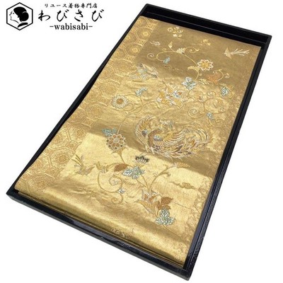 FUKURO OBI Phoenix ARABESQUE PATTERN GOLD THREAD GOLD Japanese Kimono O-5877
