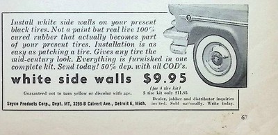 Seyco Products Corp Vintage Print Ad Install White Sidewalls on Tires Feb 1955