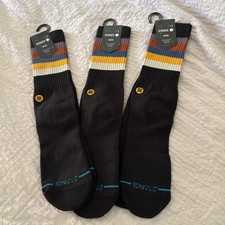 Stance Casual Combed Cotton Mid Cush Crew Ht Black Striped 3 Pair Sz L 9-13 NWT
