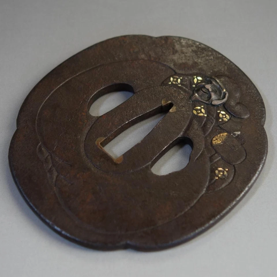 Edo Period Japanese Iron Tsuba Daikokuten Gold Silver Inlay Samurai Sword Guard - Image 4 of 4