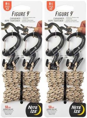 Nite Ize 2-Pack Figure 9 Carabiner Rope Tightener w/ 8' Rope - Black (2-Pack)