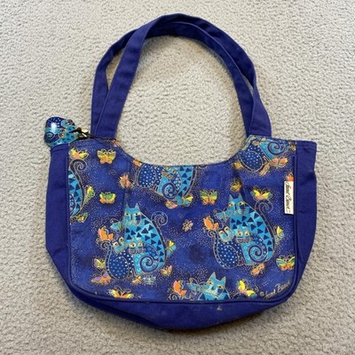 Laurel Burch Shoulder Tote Bag Womens Blue Cats Butterflies Canvas Zip Purse