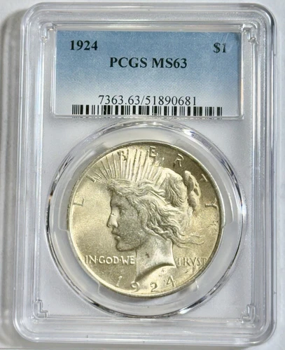 Peace Silver Dollar 1924 PCGS MS 63 Uncirculated $1 Coin