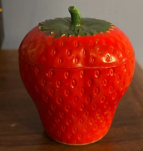 VTG Hazel Atlas Milk Glass Strawberry Jar With Lid Jam Red Kitchen