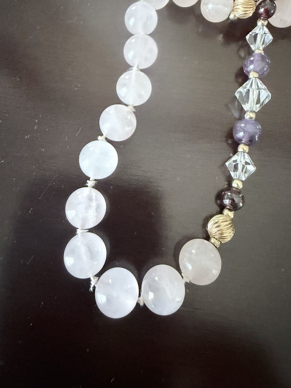 14K Gold Rose Quartz Amethyst Garnet Hand Knotted Gemstone Necklace 30” 88.3g