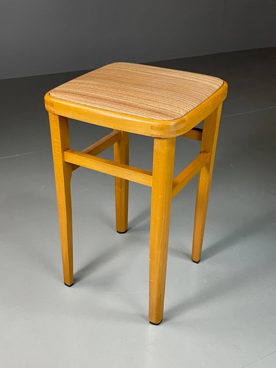 EB5279 Mid Century Beech Stool With Faux Wood Vinyl Top Retro Vintage MCM MDIN