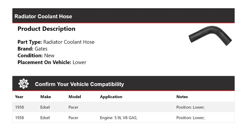 Manguera de refrigerante de radiador Edsel Pacer 1958 puertas inferiores Foto 2 de 4
