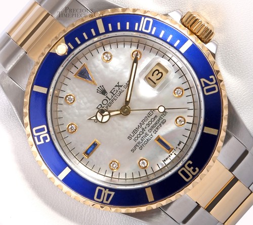 Rolex Submariner Date 16613 S/Acciaio 18k oro inserto Blu-Bianco Madreperla  Quadrante Diamante | eBay