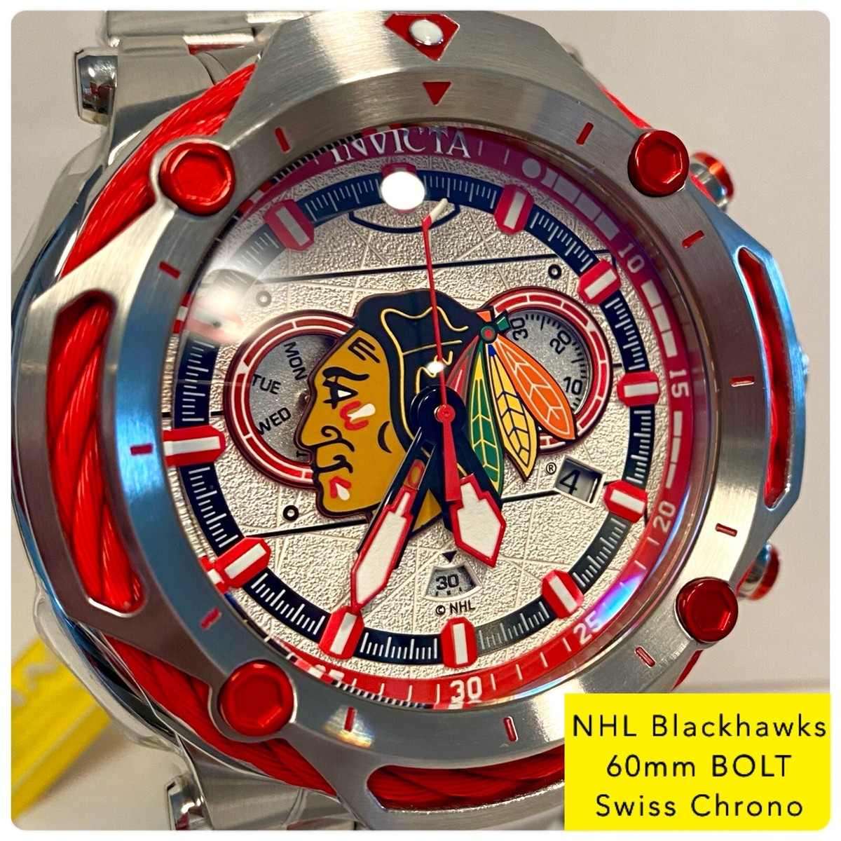 60mm NHL-BLACKHAWKS | Silvertone Bracelet| Swiss Chrono  display picture 2