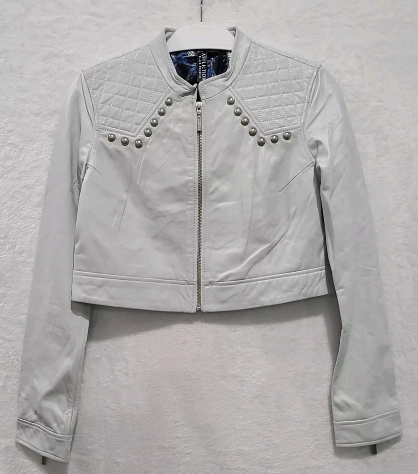 NUEVO CON ETIQUETAS Chaqueta de Cuero Laila Affliction Negra Premium Para Mujer Blanca Corta Motociclista MMA  Foto 3 de 4