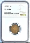 1908-S 1C Indian Head Cent NGC GRADED XF 45 BN San Francisco Coin 2232