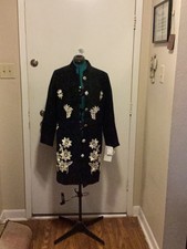 Womens Black Suede Long Coat W/white Floral Embroidery Med Vintage Max & Lily