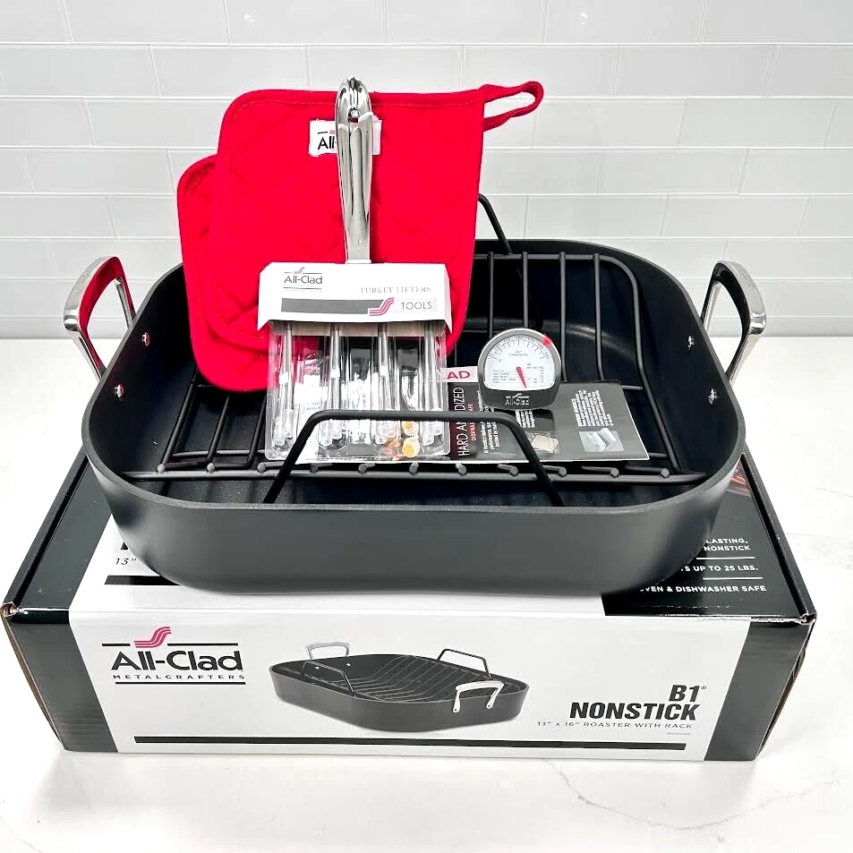 All-clad B1 NS Roaster 13"x16" + All-clad Pot Holders Turkey Forks, Thermometer.
