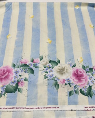 1/2 Yard Daisy Kingdom 0136 Double Rose Border Blue Stripe Fabric Donna Dewberry