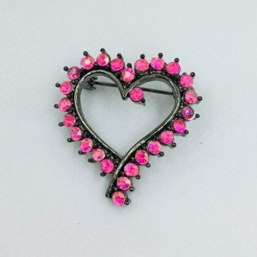 Vintage Silver Tone Pink Rhinestone Heart Brooch - image 1