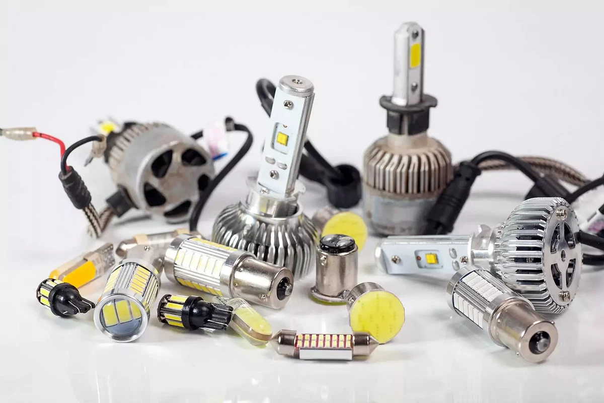 A variety of different car headlight replacement bulbs.
