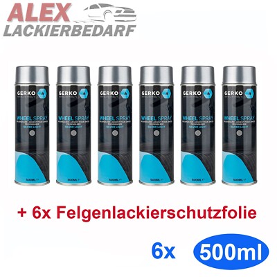6x GERKO 1K Acryl Felgensilber 500ml Spraydose Lackspray + 6x Felgenschutzfolie