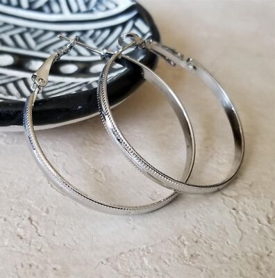 Sleek Art Deco Dotted Silver Tone Round Hoop Earrings 40mm Long  Leverback