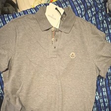 Moncler Men's Gray Polo Shirt L 100 Cotton Short Sleeve Collared Button Logo
